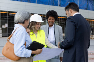 Architects and engineers discussing blueprint at construction site